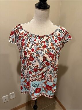 LC Lauren Conrad Cream Floral Peasant Blouse with Red and Orange Accents